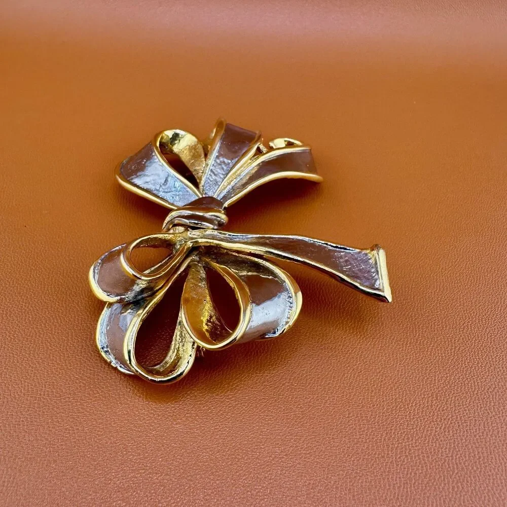 Vintage Bow Brooch Pin Large Gold Silver Tone Statement Ribbon Two Tone 3